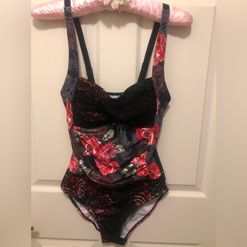 Floral with Black Lace and Ruching One Piece Swimsuit (New!)